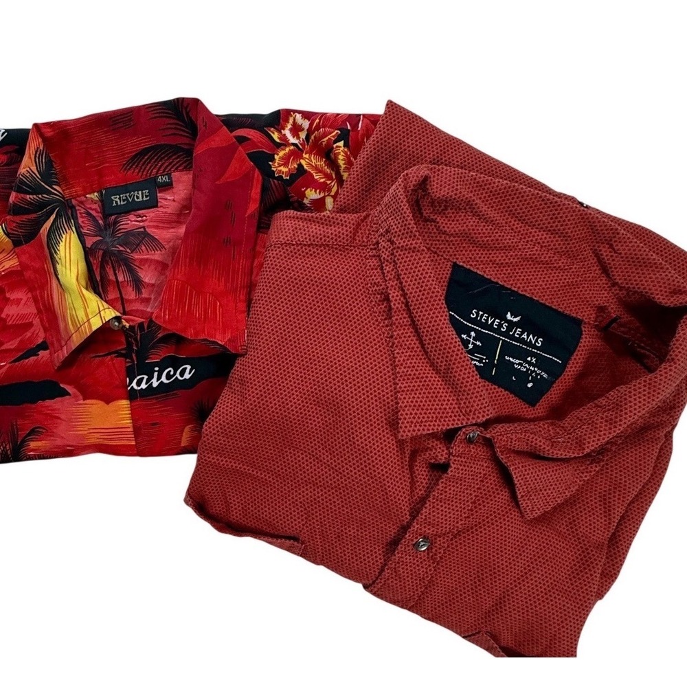 Lot of 2 Mens 4XL Shirts Revue Jamaica Hawaiian‎ & Steve's Jeans Red Button Down